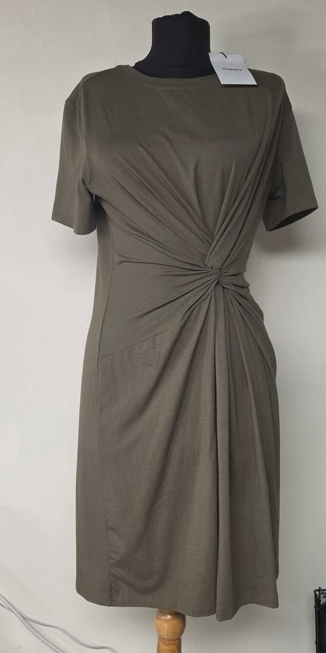 NWT Theory Knot Tee Dress M Faded Army Green Ruched Twist Midi $190 0045